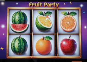 Fruit Party Spielautomat mit bunten Fr&uuml;chten und Cluster-Pays-Mechanik