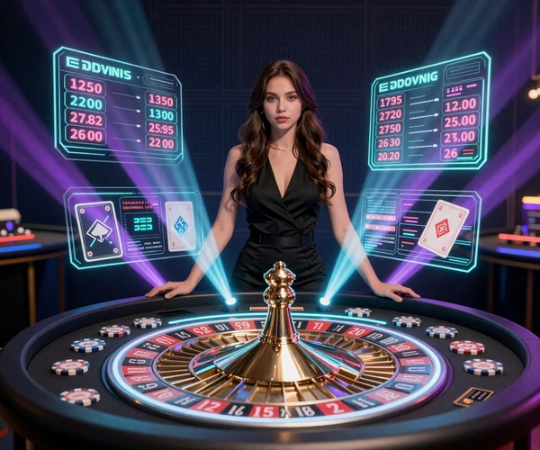 XON Casino Live Casino mit echtem Dealer am Roulette-Tisch und futuristischem Neon-HUD-Interface