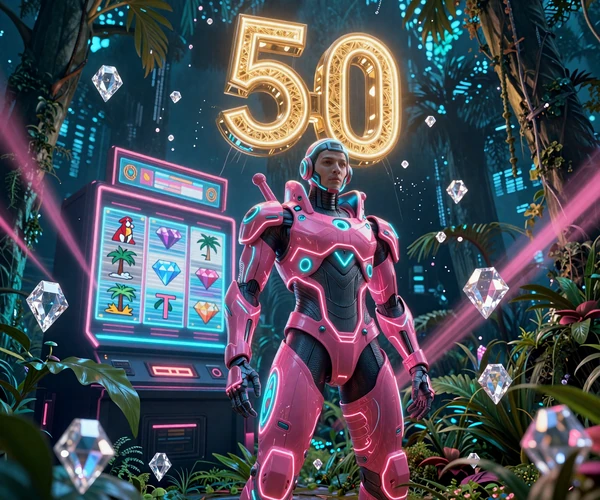 XON Casino Cyberpunk-Charakter mit 50 Freispielen auf Diamond of Jungle Slot umgeben von leuchtenden Diamanten