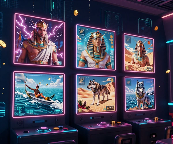 XON Casino Spielautomaten-Auswahl mit Gates of Olympus, Book of Dead und Big Bass Bonanza als holografische Panels im Cyberpunk-Design