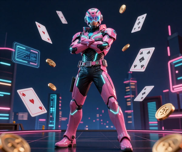 XON Casino Cyberpunk-Maskottchen mit leuchtender Neon-R&uuml;stung umgeben von Hologrammen und goldenen M&uuml;nzen